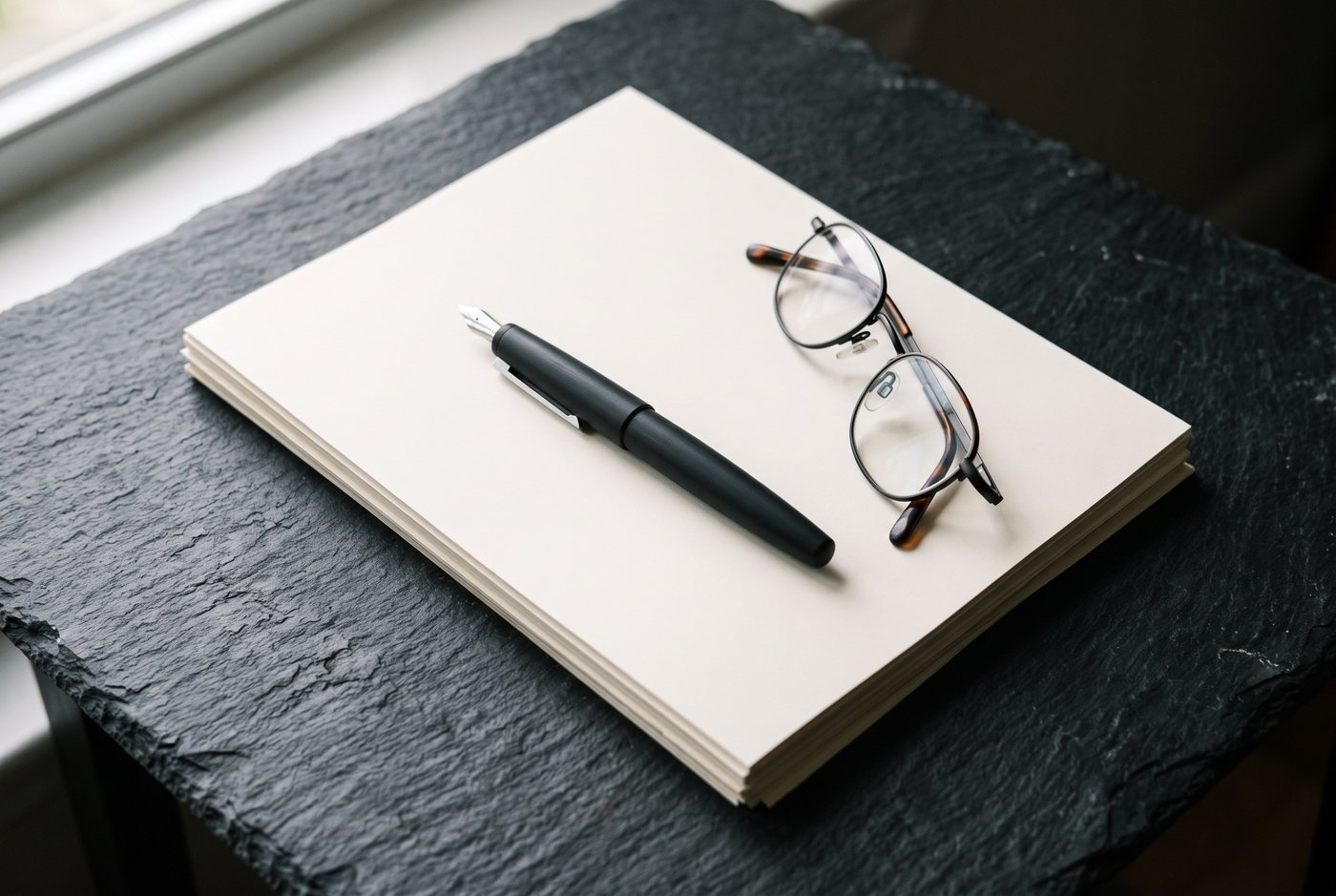 A fountain pen and reading glasses resting on a stack of blank paper